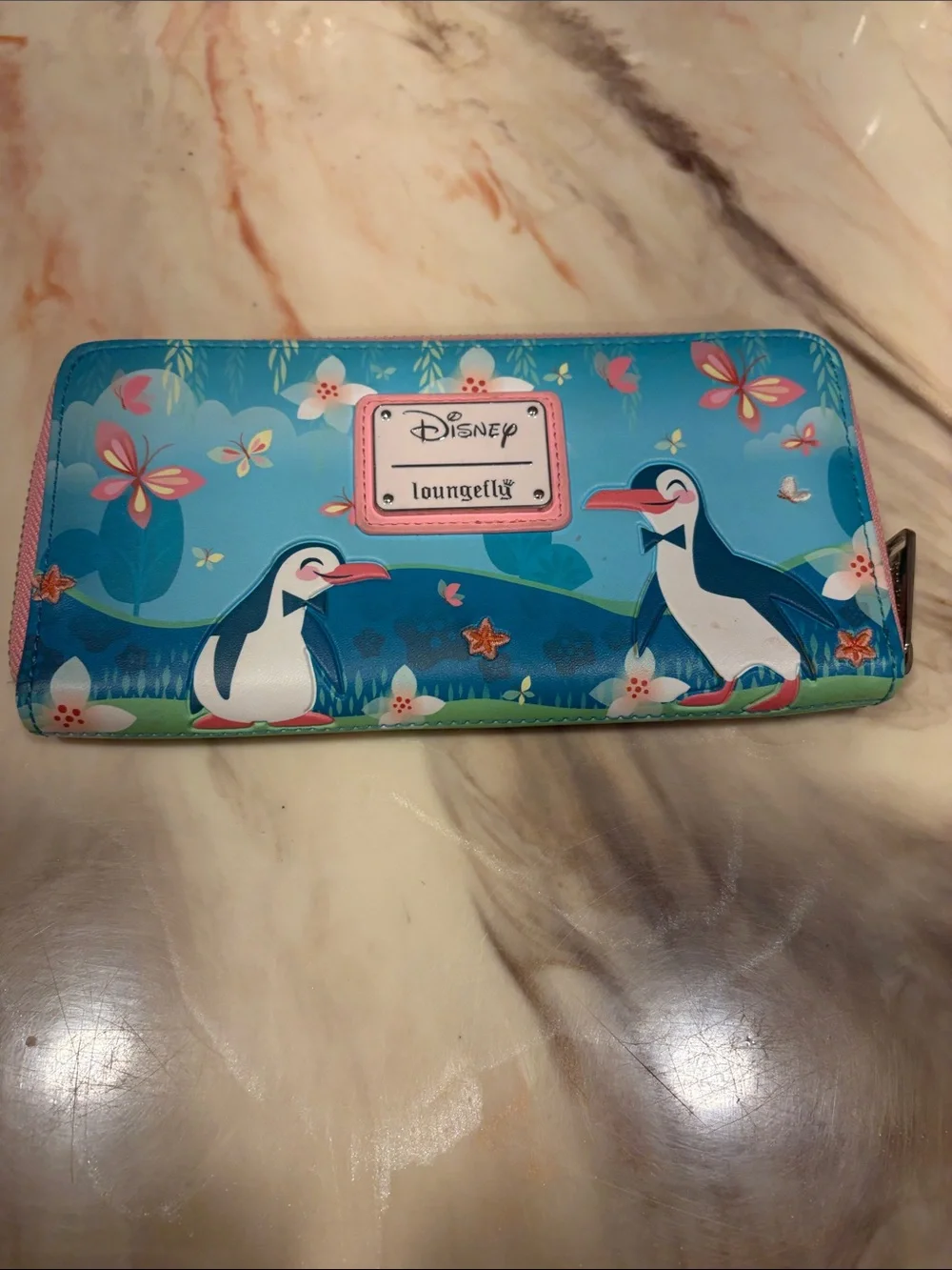 Loungefly Kids Teal Blue Penguin Zip Wallet with Pink Accent